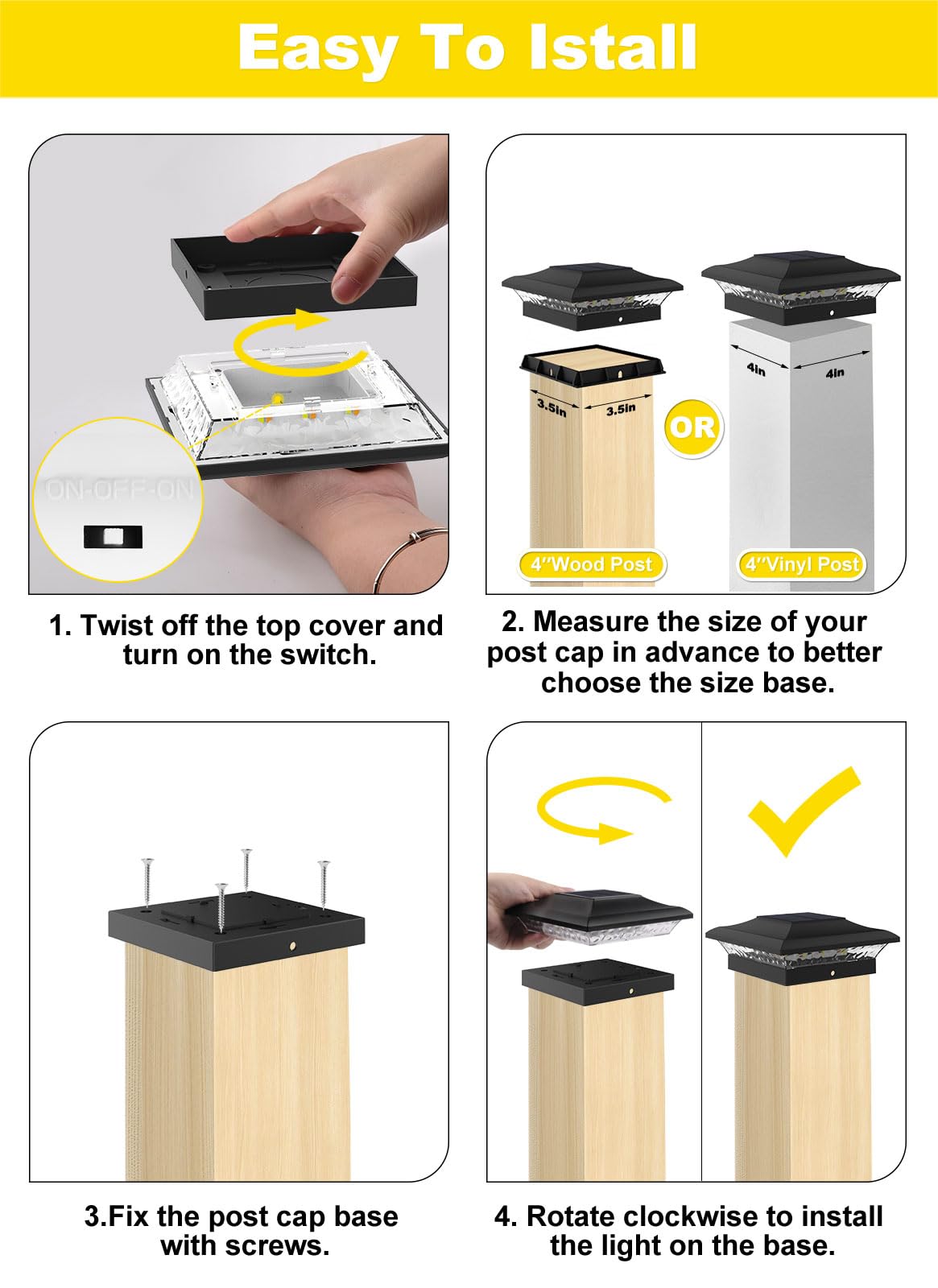 T-Sun Solar Post Cap Lights 6 Pack For 4X4 Vinyl/Wooden Posts  Waterproof Outdoor Warm & Cool White(3000K/6000K) Solar Powered Deck/Garden/Patio Lighting