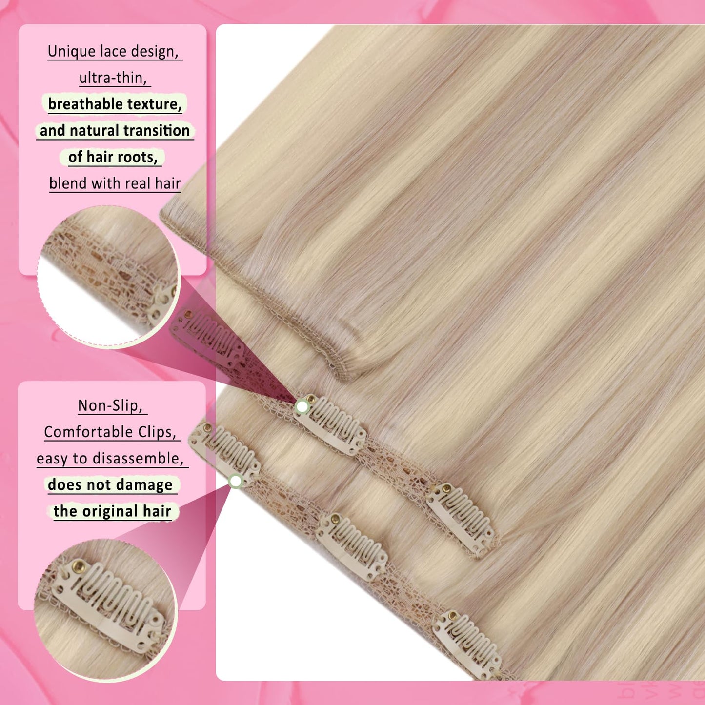 YoungSee 135G Clip in Human Hair Extensions Blonde Highlight Remy Human Hair Clip in Extensions Warm Ash Blonde Highlights Bleac