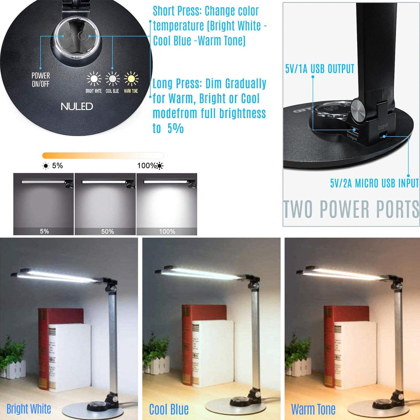 NUNET LED Desk Lamp, Rotatable Piano Lamp, 3 Lighting Modes, Brightness Adjustable, USB Charging, Black, Model NULED-MSL2black