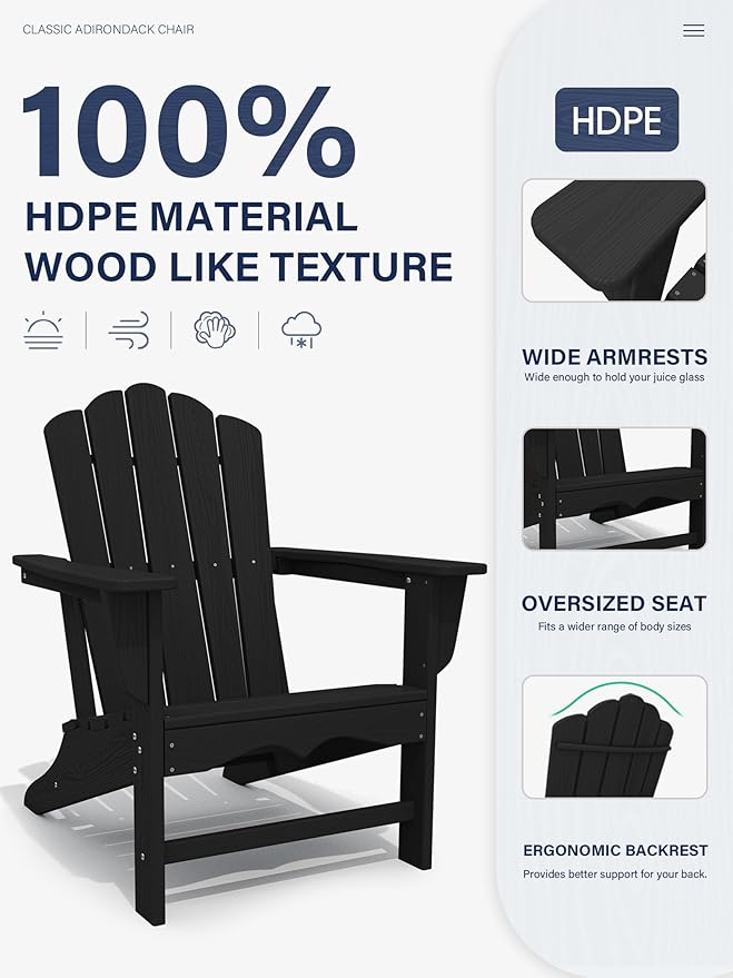 KINGYES HDPE Adirondack Chair, Classic All-Weather Adirondack Chair Set of 8, Black