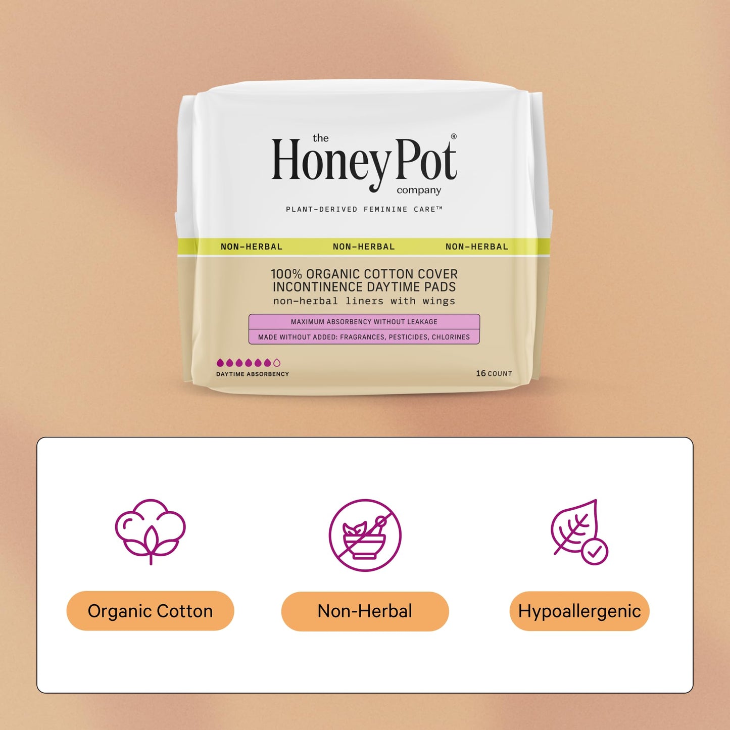 The Honey Pot Company - Incontinence Pads for Women - 64ct - Daytime Non-Herbal - Bladder Leak Control - Organic Cotton Cover & Ultra-Absorbent Pulp Core - Feminine Care