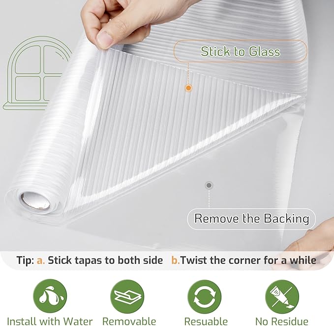 LUTE Reeded Glass Window Privacy Film, Frosted Glass Film, Removable 3D Decorative Decals Sun Blocking Anti UV Door Window Cover, No Glue Static Cling Vinyl for Bathroom Home Office, 17.5" x 78.7"