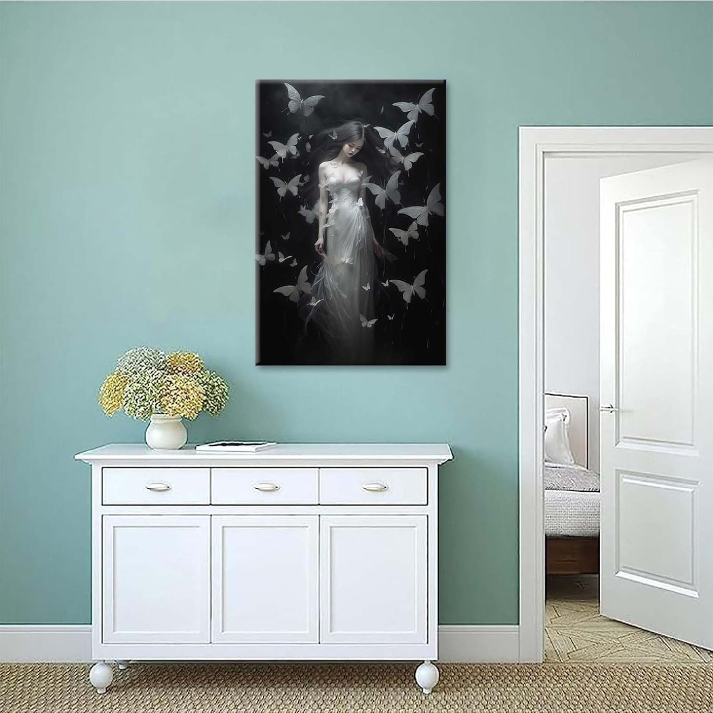 Vintage Gothic Feminine Canvas Wall Art Print Butterfly Poster Moody Female Wall Art Retro Artwork Dark College Decor for Home Bedroom12x16in Wood Framed