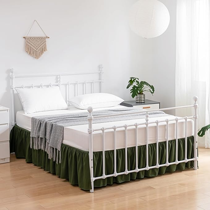 Bed Skirt King Size Ruffled Bed Skirts with Split Corners,14 Inch Drop Dust Ruffle Bed Skirt with Platform, Green