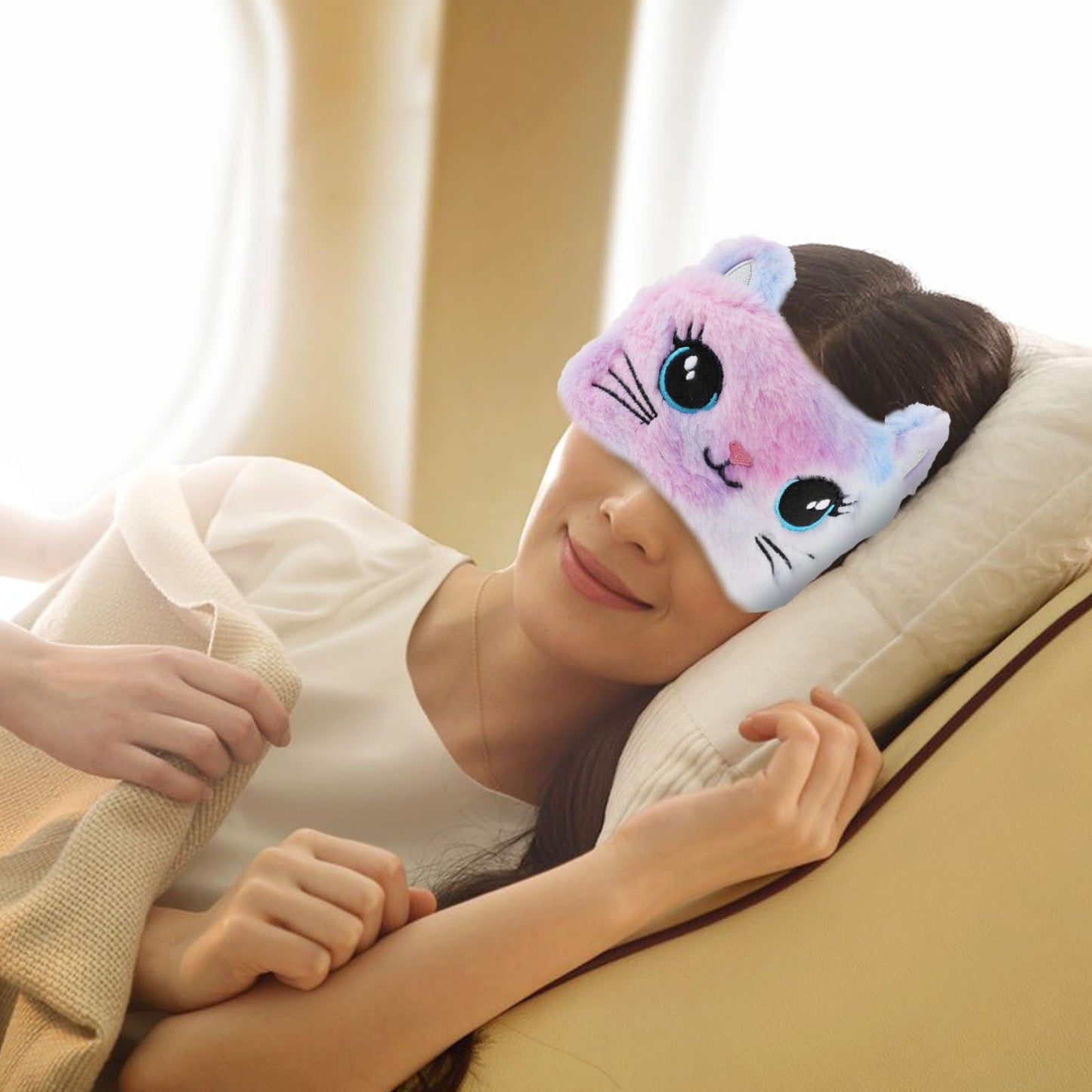 2 Pcs Plush Eye Mask Soft Sleeping Blindfold Eye Cover Comfortable Cute Animal Sleeping Mask Satin Nap Night Eyeshade Cover for Women Men Gift (Colorful, Cat Style)