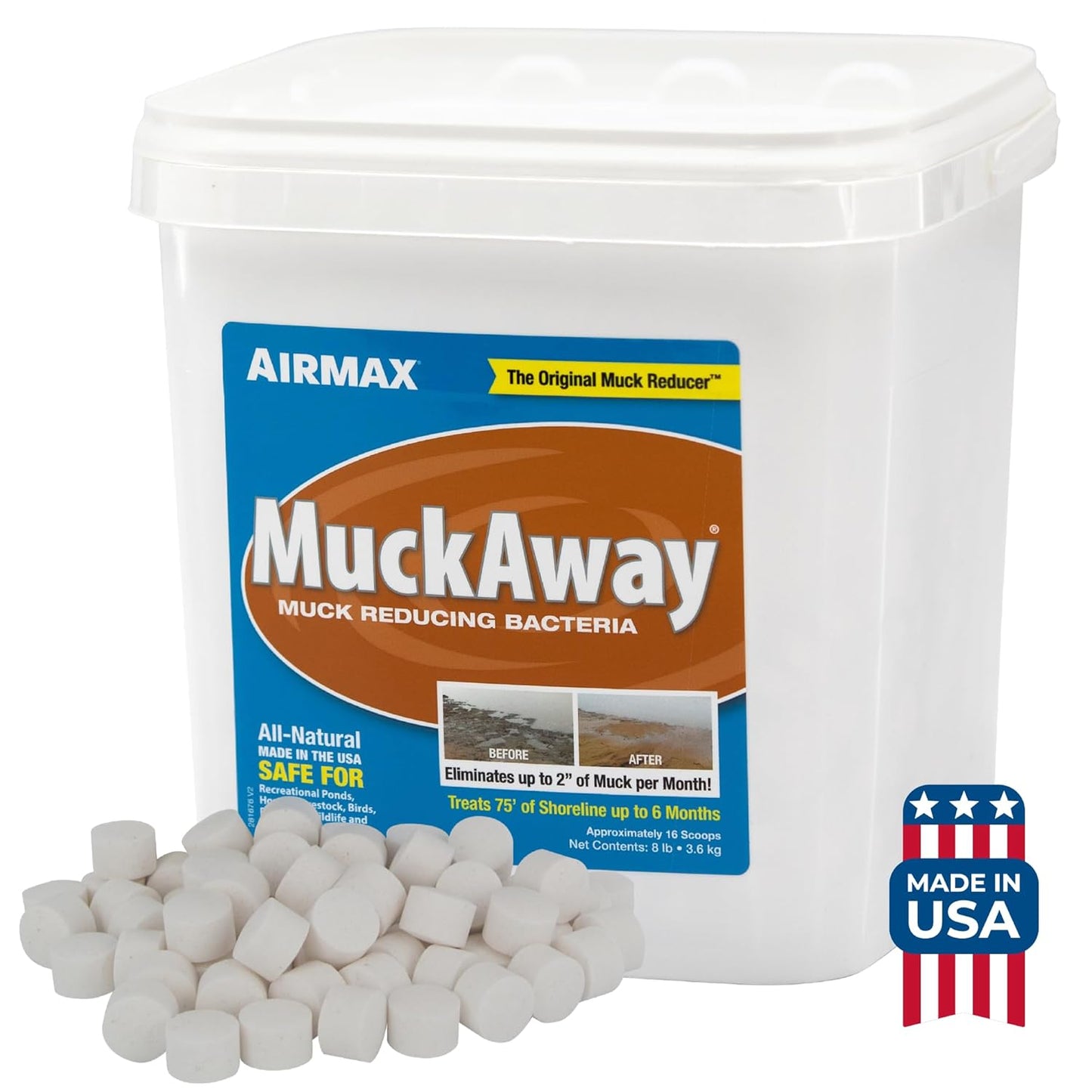 Airmax MuckAway, Natural Pond Muck Remover, Cleans & Clears Away Muck & Sludge, Easy to Use Bacteria & Enzyme Tablets, Safe for The Environment, Treats 1,500 Sq Ft, 6 Month Supply, 16 Scoops, 8 lbs