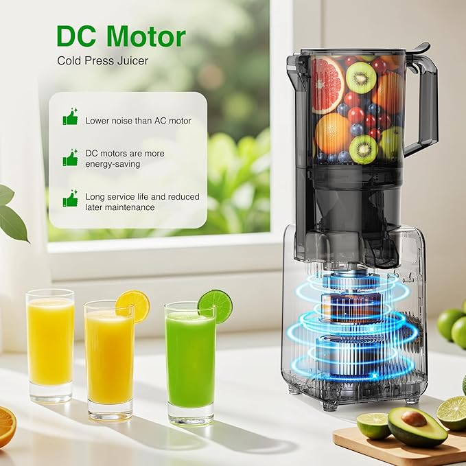 AGLUCKY Cold Press Juicer Machines, 4.35" Large Feed Chute Juice Extractor Self-Feeding Machine, High Juice Yield, Slow Masticating Juicer for Whole Vegetables & Fruits, Stainless Steel & Black