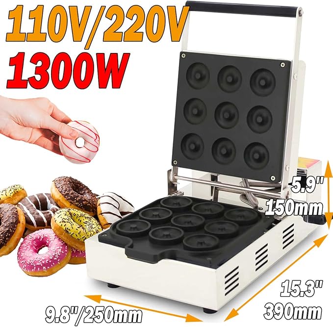 Electric Donut Maker Commercial 9 Holes Mini Doughnut Machine Mini Donuts Maker with Cool Touch Handle Non-Stick Coating for Bakeries Restaurant Snack Bars,1600W, 110V