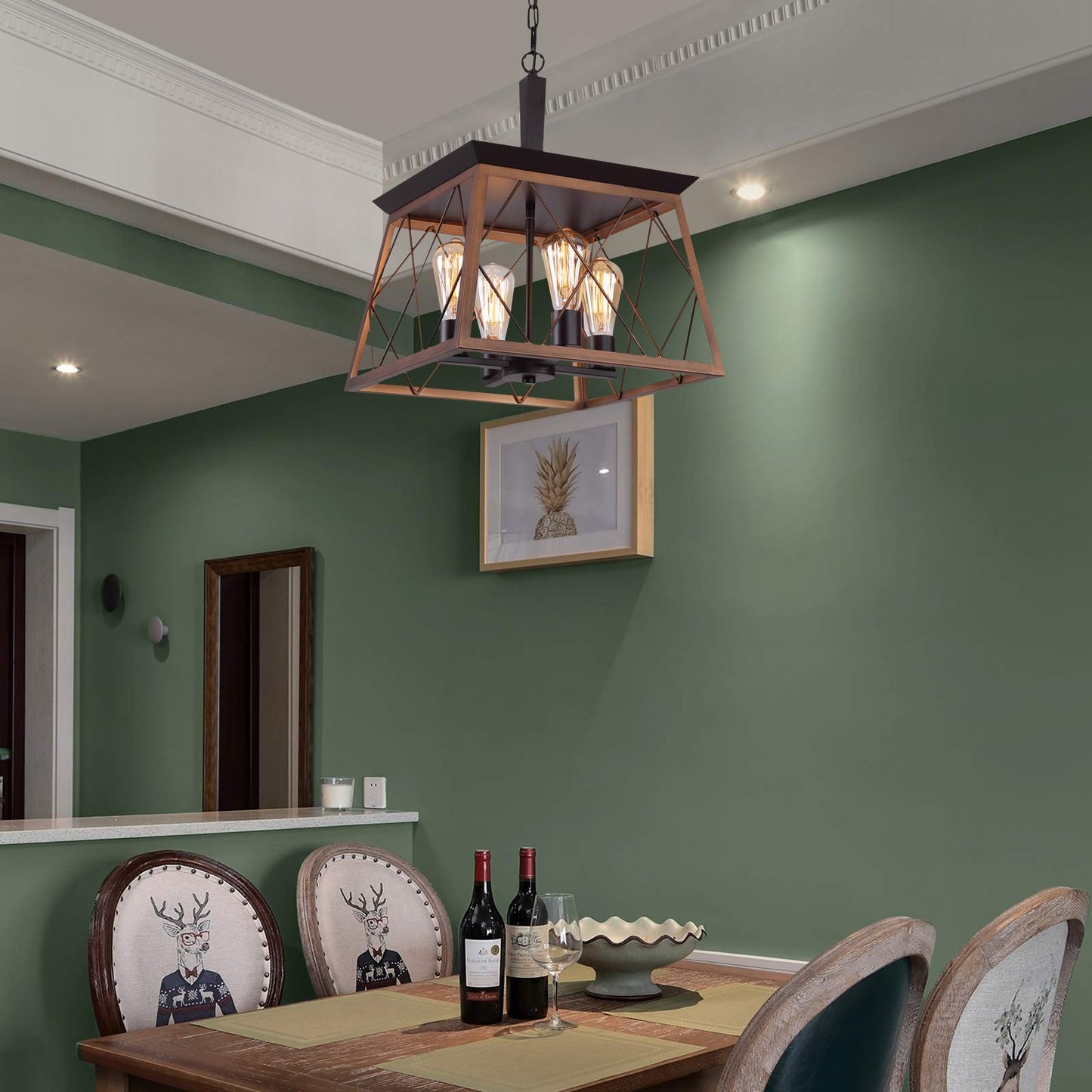 Q&S Farmhouse Rustic Chandelier, Antique Geometric 4 Lights, Metal, Square, Bronze, Model P2006-4BR