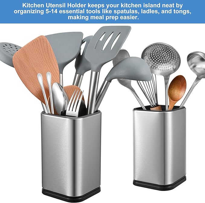 Large Square Stainless Steel Kitchen Utensil Crock, Countertop Holder for Spatulas, Spoons, Tongs & Whisks, Removable Base Organizer, Kitchen Tool Organizer & Cooking Utensil Holder