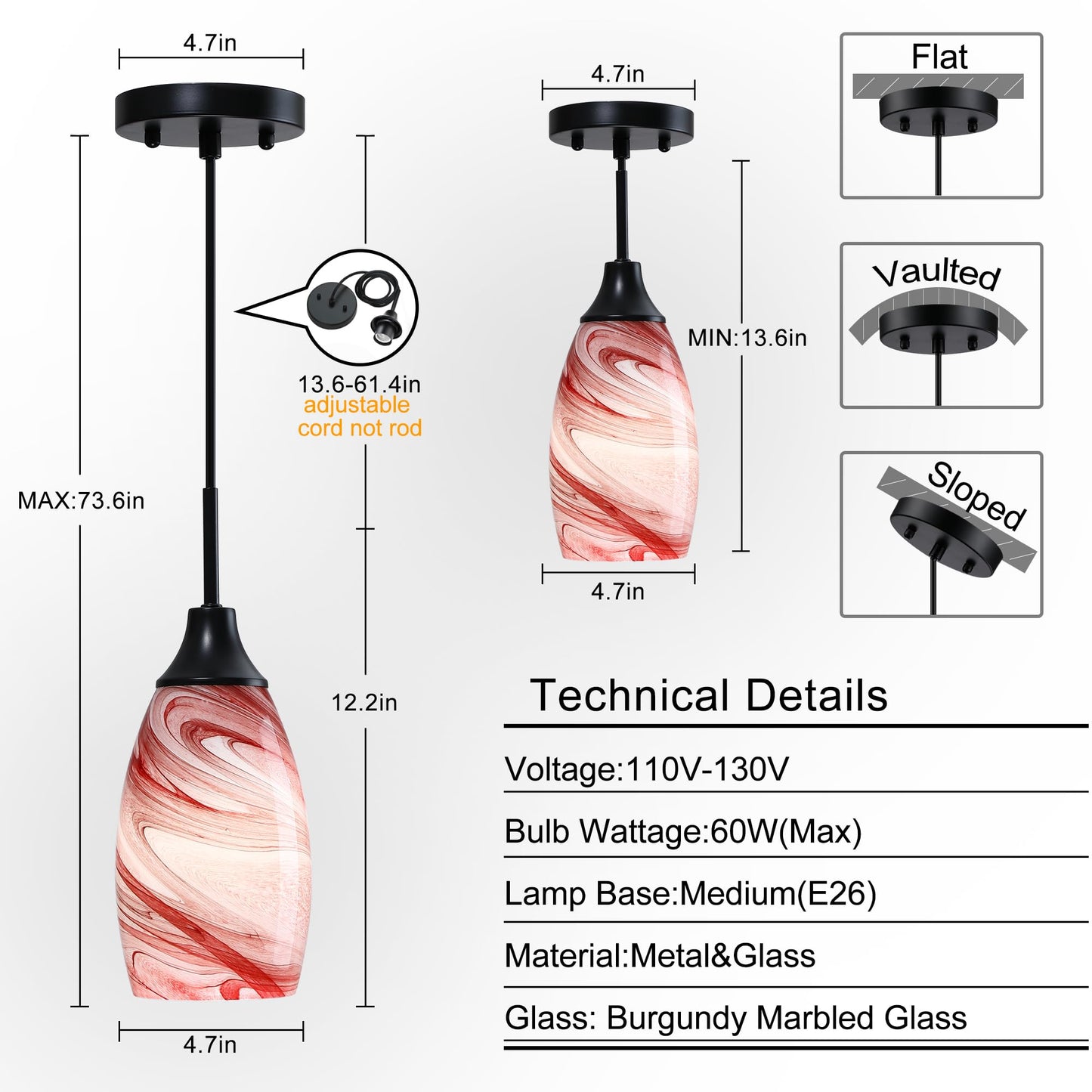 Viinew Mini Glass Pendant Light 4.72in Handblown Burgundy Art Glass 3-Pack for Dining Room Kitchen Island Foyer Hallway