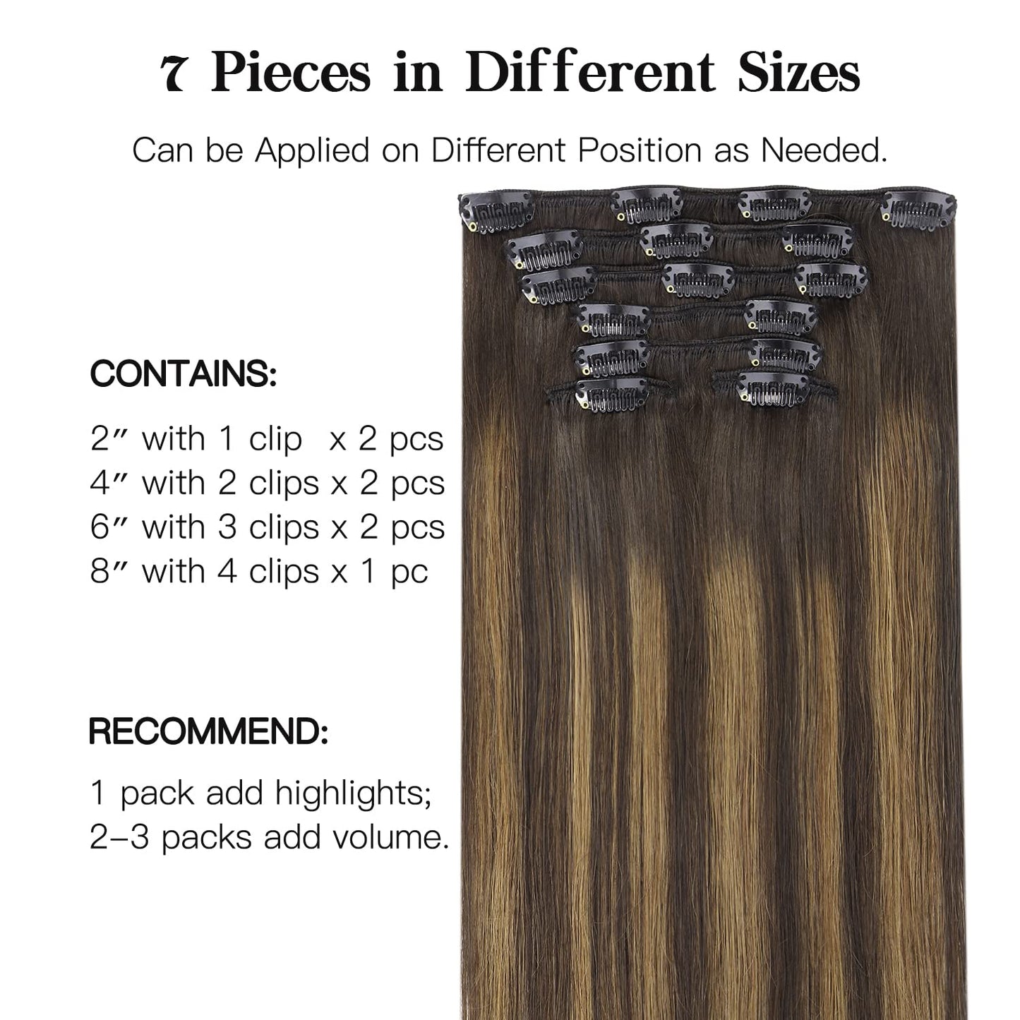 HOTBANANA Clip in Hair Extensions Real Human Hair, 145g 7pcs 24 inch Dark Brown to Chestnut Brown Clip in Human Hair Extensions
