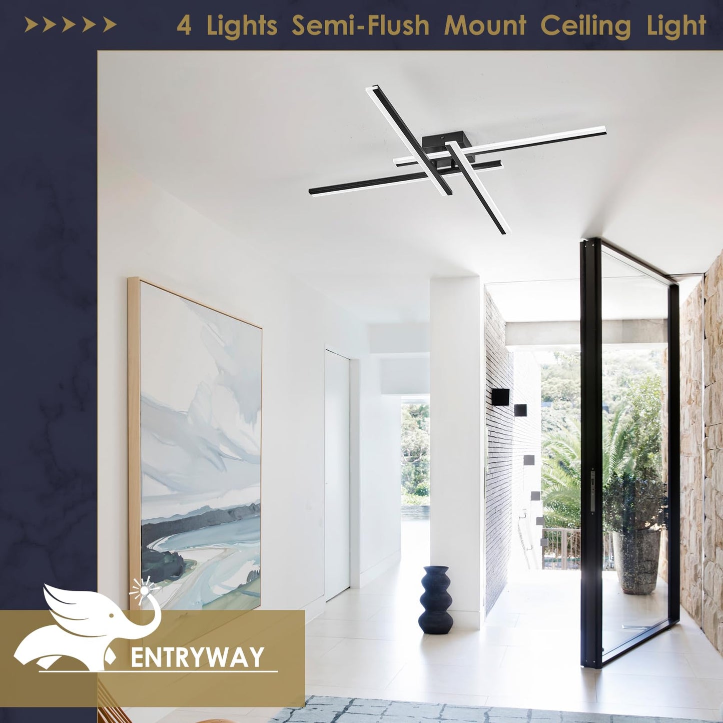 Airyphant Modern Led Chandelier 4-Lights Semi-Flush Mount Ceiling Lighting Fixture 35.4  Dimmable Remote Control Ceiling Light For Living Room Bedroom Kitchen Foyer 40W