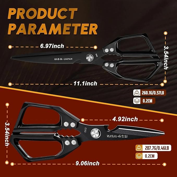 HUUSK Kitchen Scissors Set Black - Upgraded Stainless Steel Kitchen Shear, Sharp Meat Scissors, Heavy Duty Poultry Shears, Japanese Cooking Scissor for Food, Dishwasher Safe Christmas Gifts for Women
