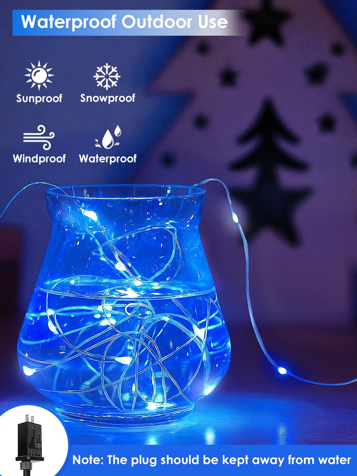 BHCLIGHT 66Ft 200 LED Fairy Lights, Waterproof String Lights, 8 Modes, Copper, 1 Pack, Blue and White
