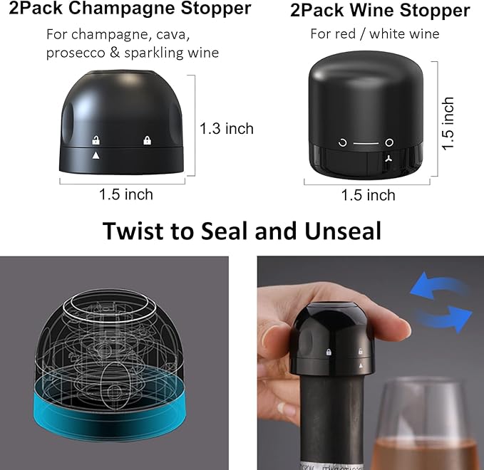 Champagne Stopper & Wine stoppers, 4 Pack Reusable Wine Corks Plastic & Silicone,Twist Top Wine Sealer, Compact Wine Stopper Leak Proof and Keeps Wine Fresh For Easy Storage, Black