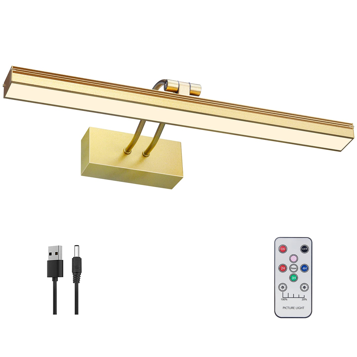 FUNCHDAY Picture Light - Battery Operated, Wireless Remote, Dimmable, 16in Metal Art Light, Gold, Model FC70155-AN