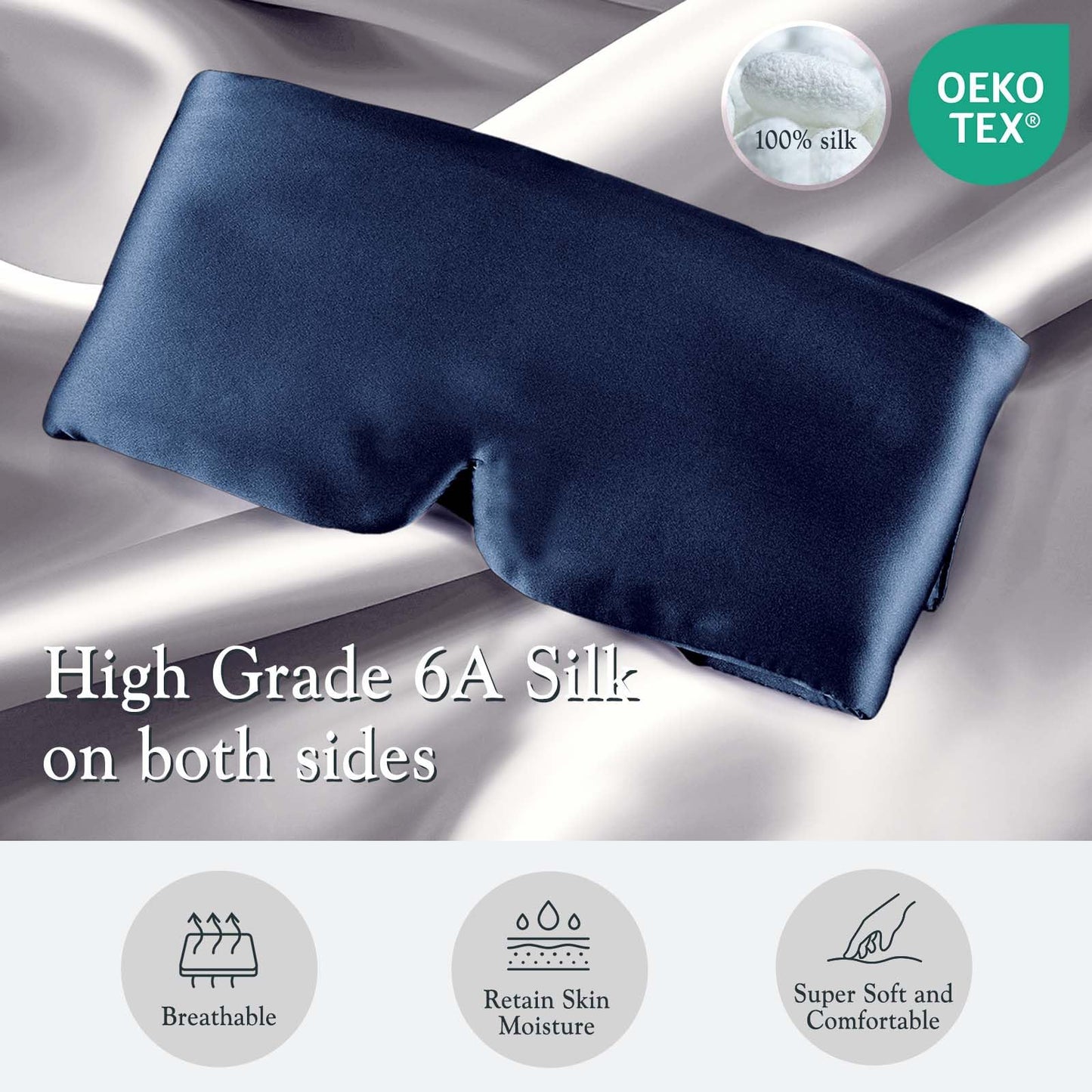 SOLZEK Nature Silk Sleeping Mask Soft Featherweight Eye Mask Large Wrap-Around Blindfold with Adjustable Velcro Blackout for Wild Sleeper Nose Cut (NavyBlue)