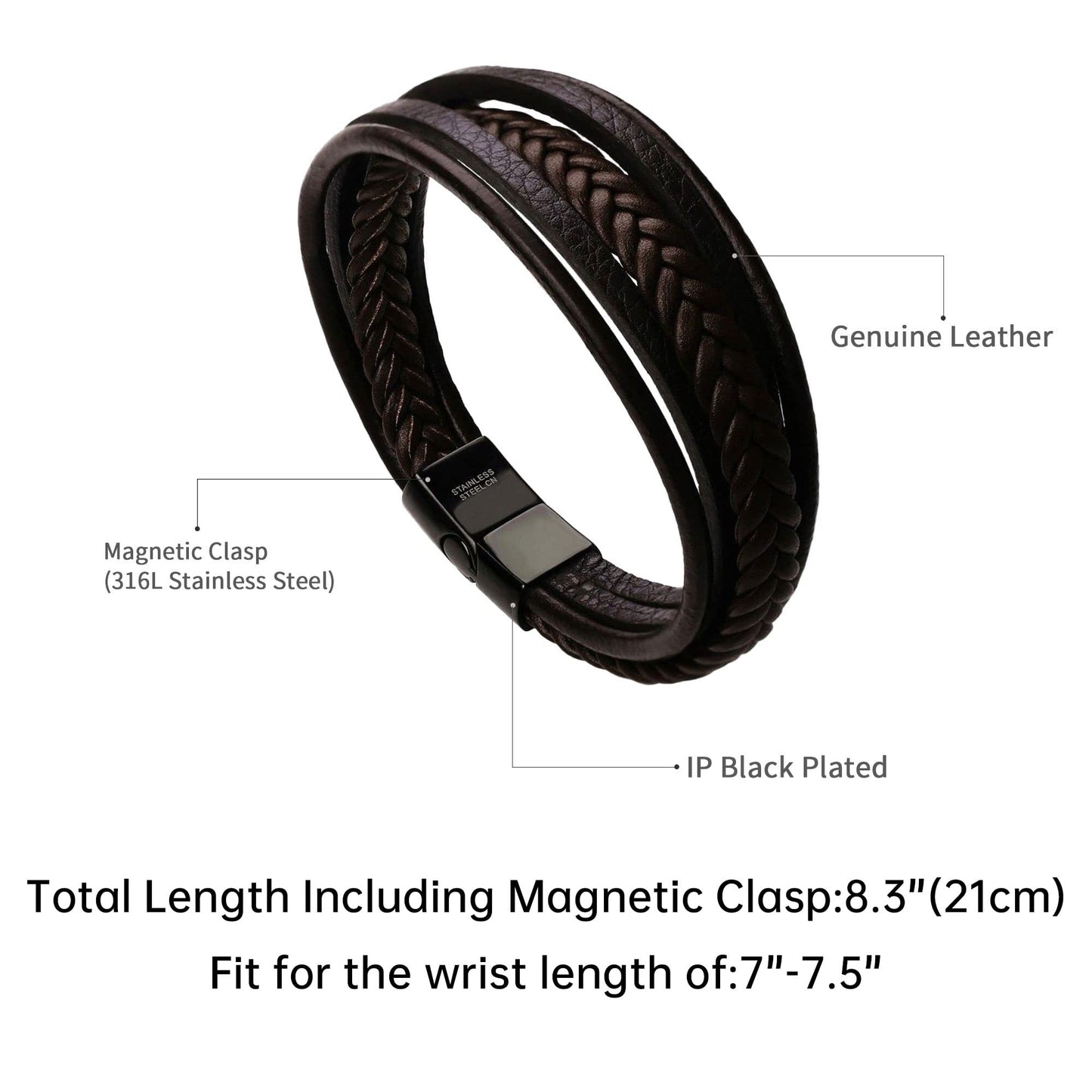 murtoo Mens Leather Bracelet with Magnetic Clasp Cowhide Multi-Layer Braided Leather Mens Bracelet (Brown&Black, 7.5)