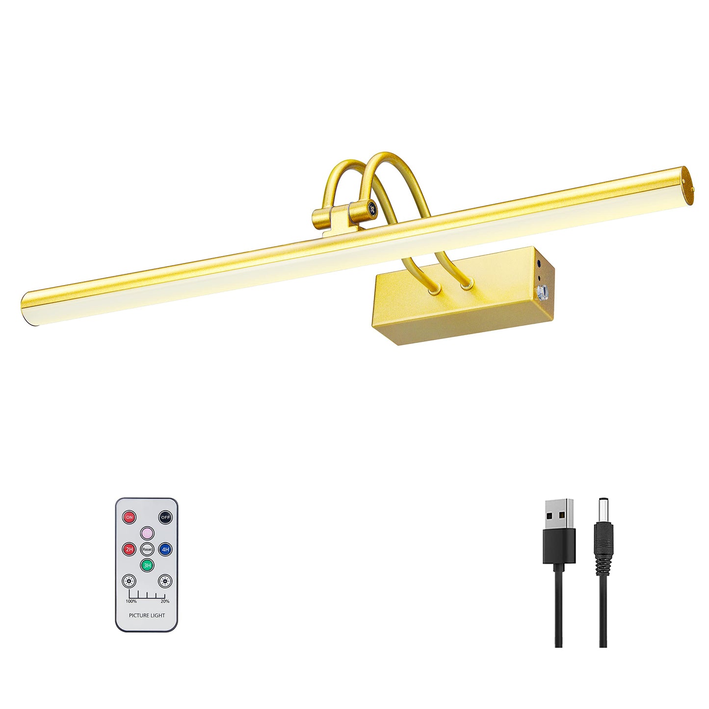 RAIFOOLLY Picture Light, 20in Battery Operated Art Light, Remote Control, Dimmable, Metal, Gold, Model RF00181