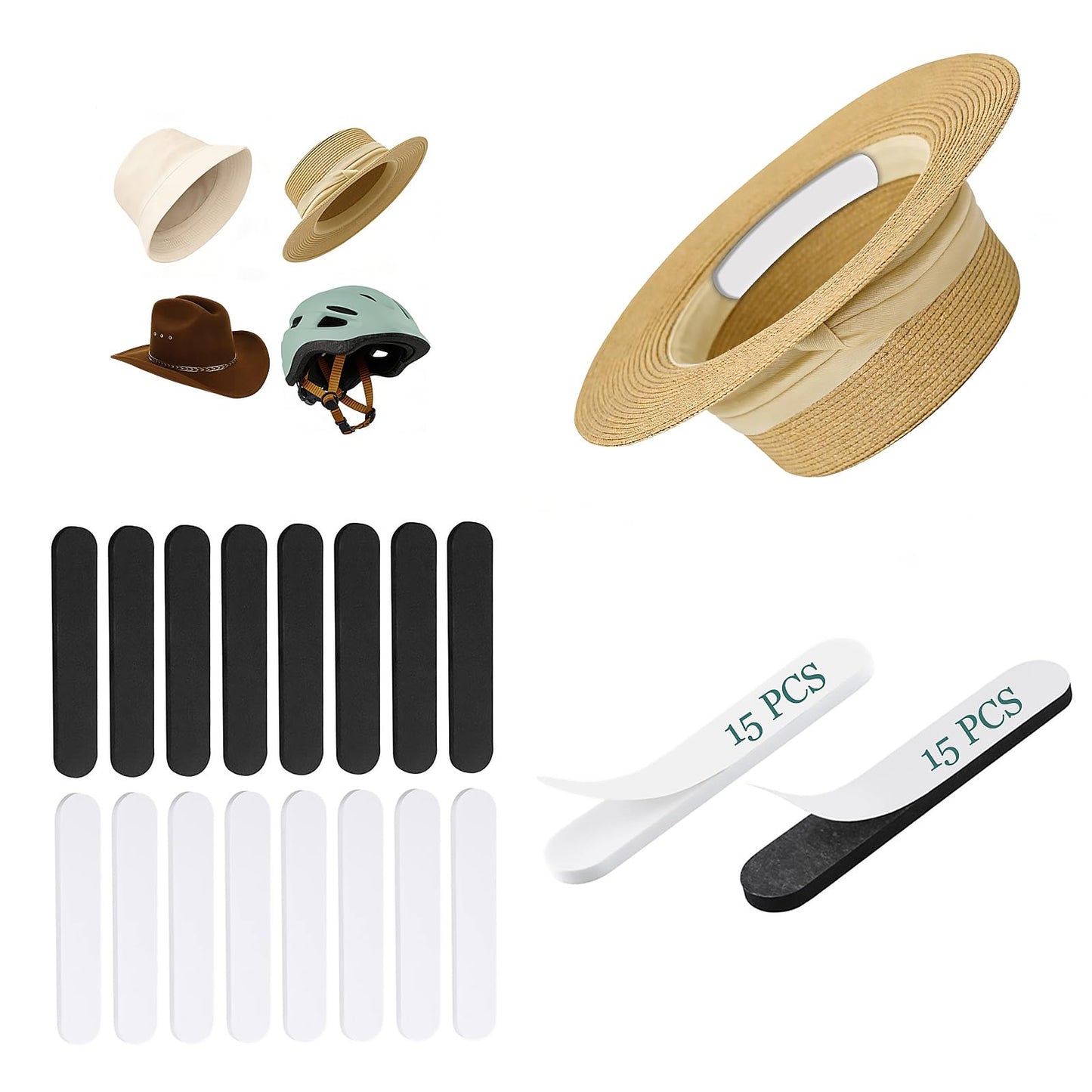 Sloewui Hat Size Reducer,30 Pack Hat Sizing Tape,Foam Tape for Hats to Make Smaller - Adjustable Hat Fitters Inserts for Cowboy,Western,Panama & Straw Hat (Black + White)