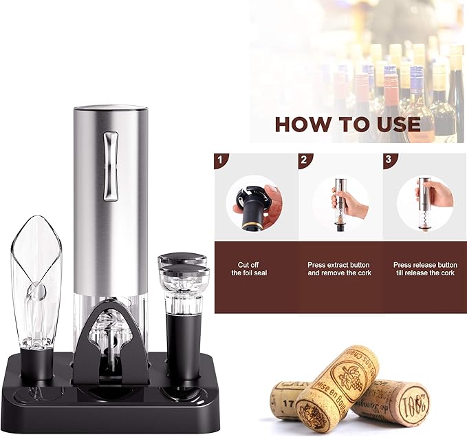 COKUNST Electric Wine Opener Set with Stand, USB Charging Corkscrew Remover, One-click Button Rechargeable Cordless Bottle Openers with Wine Pourer, Vacuum Stoppers, Foil Cutter for Home Party Wedding