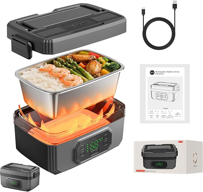 VVU&CCO Portable Electric Lunch Box for Adults with Timer,Rechargeable Self Heating Lunch Box for Men with 1.6L SS Container,24,000mAh Battery Powered, Convenient for Work/Travel/Camping