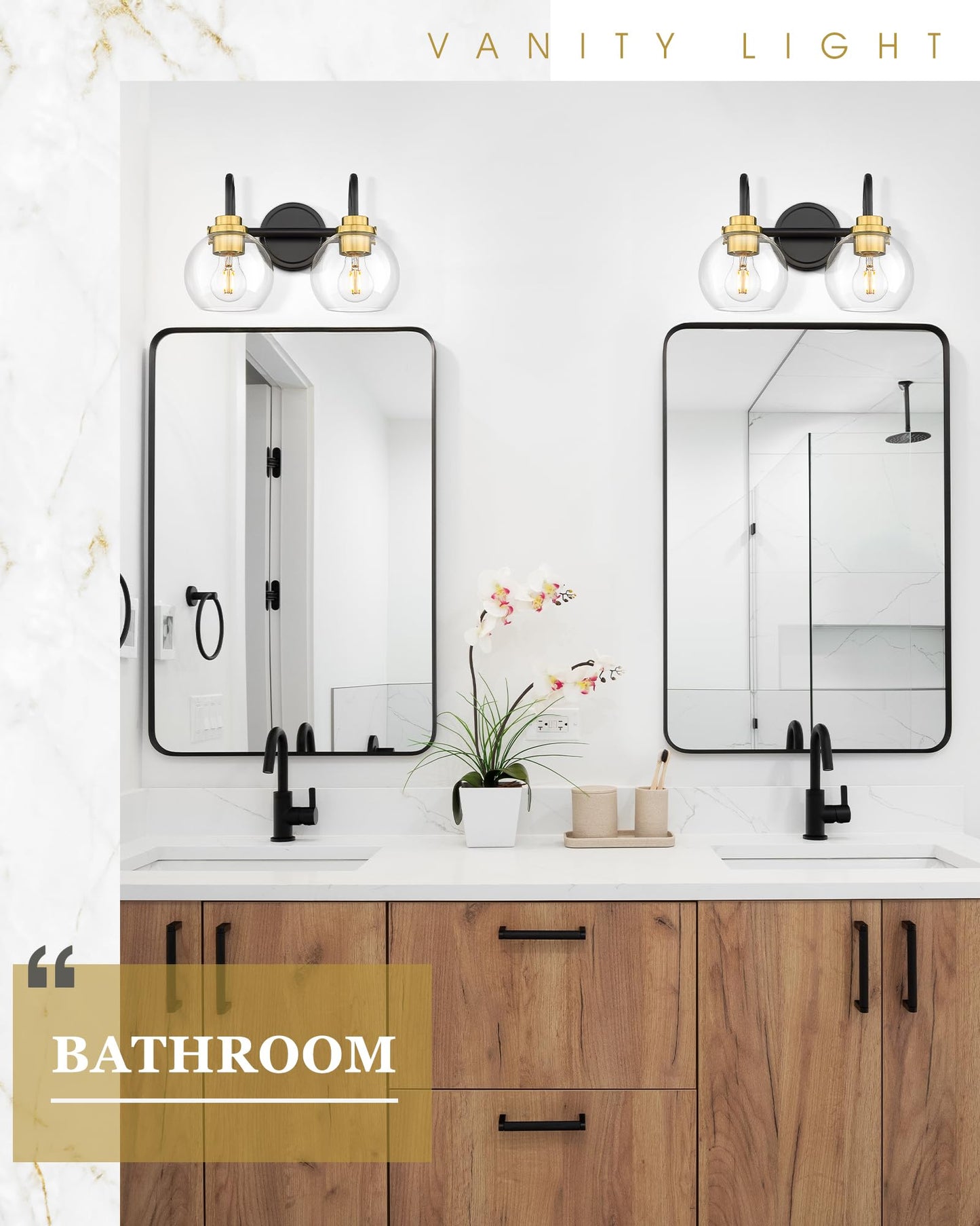 Audickic Bathroom Light Fixtures  2-Light Black And Gold Vanity Lights With Globe Clear Glass  Modern Vanity Lighting Fixtures Over Mirror  Ad-22280-2W-Kg
