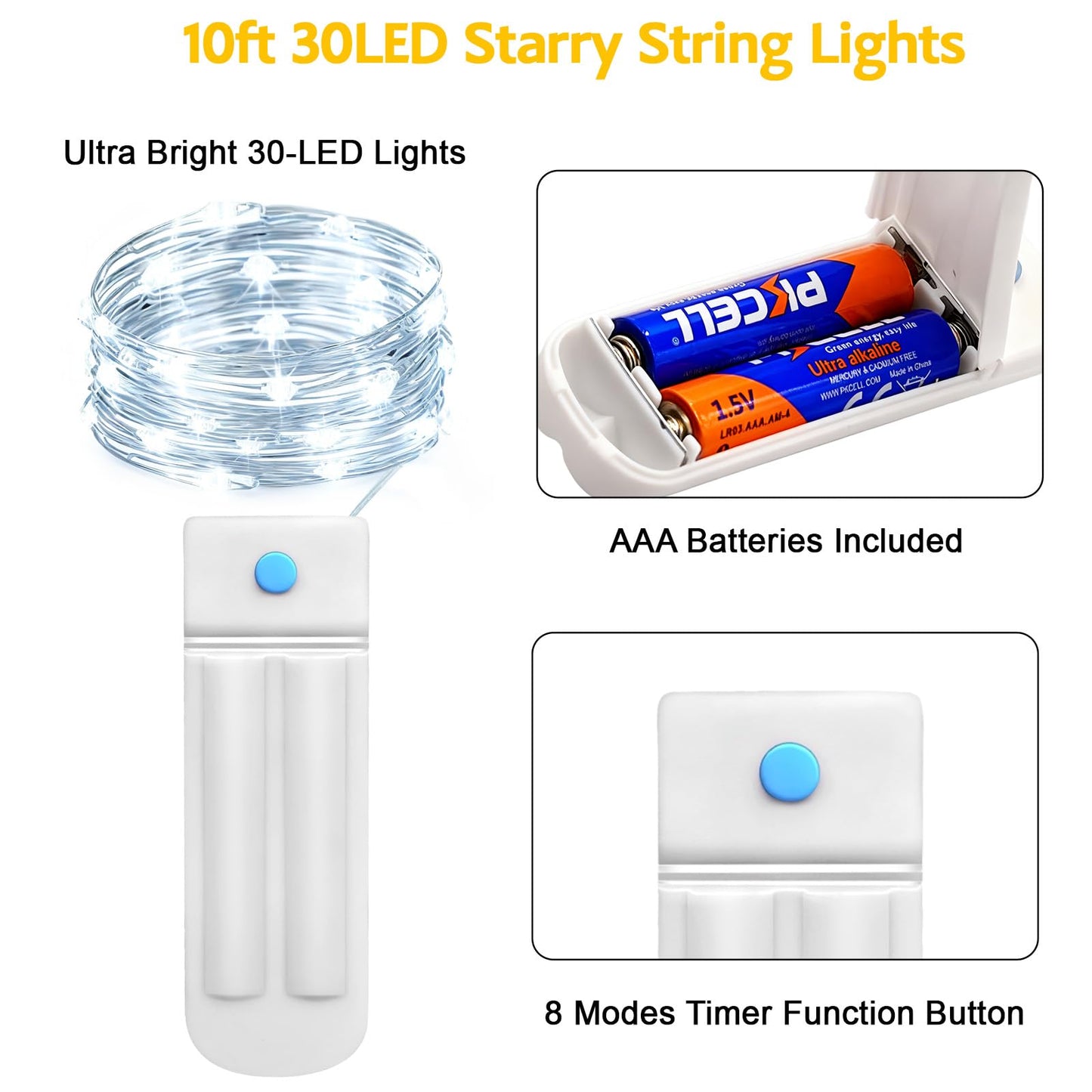 Yjfwal 12 Pack 10Ft 30Led Starry String Lights, Waterproof, Battery Operated, Cool White, 8 Modes Timer For Diy, Wedding, Party, Garden Decor