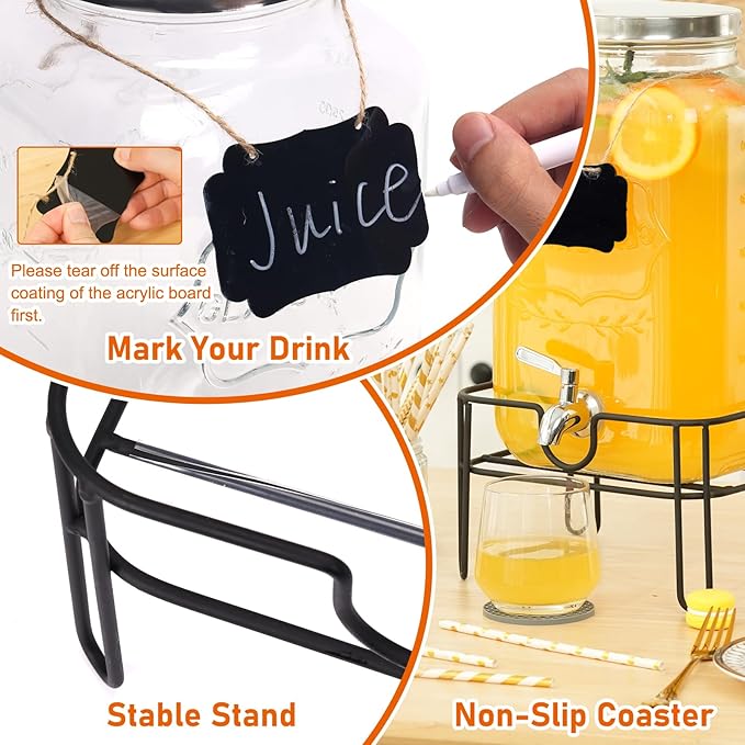 Moretoes 2 Gallon Glass Drinks Dispenser for Parties, 2 PACK Beverage Dispenser with Stand for Juice and Iced Tea, Water Jug Dispenser for Lemonade, Party Essential Beverage Pitcher with Spout