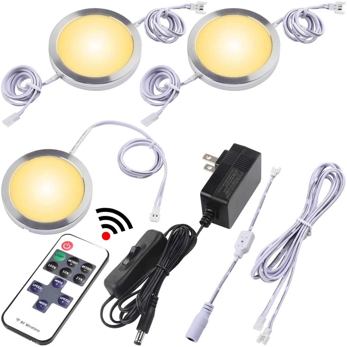 Lvyinyin Mini Under Shelf Cabinet Puck Lighting, 120V, Wireless Dimmable LED with RF Remote, 3 Lights, Warm White 2700K