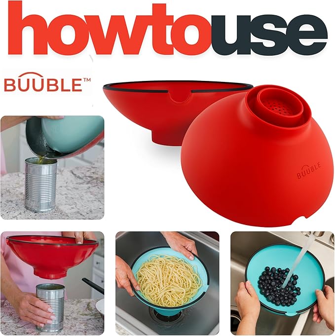 Ultimate Grease Drainer & Food Strainer (Red) Premium Heat-Resistant Silicone Colander for Bacon, Ground Beef, Pasta & Veggies; Fits Pans, Cans & Jars; Dishwasher Safe