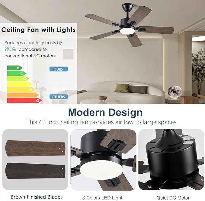 Ceiling Fans with Lights, 42 Inch Low Profile Ceiling Fan with App/Remote Control, DC Reversible Motor, Dimmable LED Ceiling Fans for Bedroom,Indoor/Outdoor Patio Use（Brown）