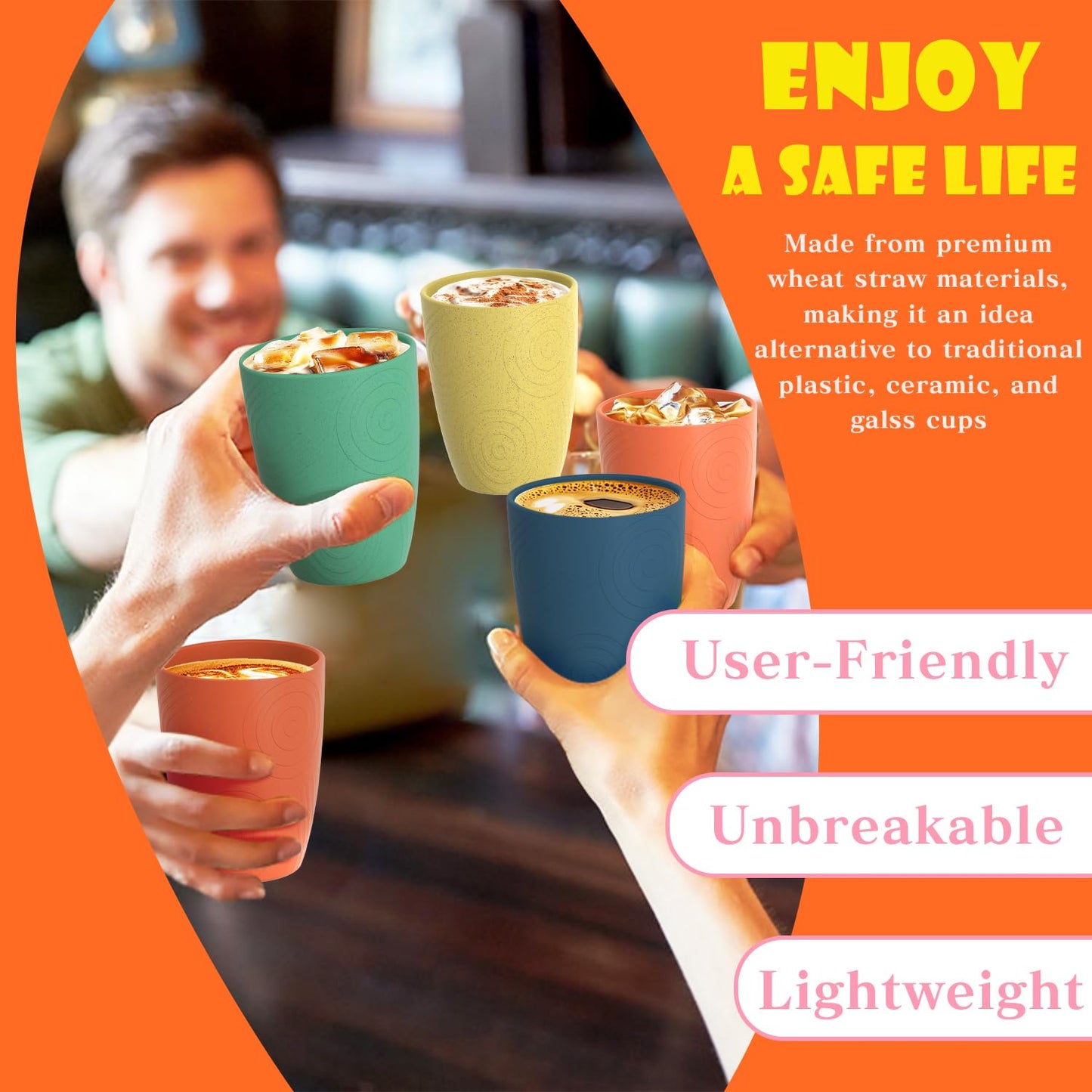 Homienly Wheat Straw Cups Alternative to Plastic Cups Set of 4 Premium Drinking Glasses - 12 OZ, Unbreakable Drinking Cups, Dishwasher & Microwave Safe Tumbler Cups for Kitchen, Kids, Picnic - Multi