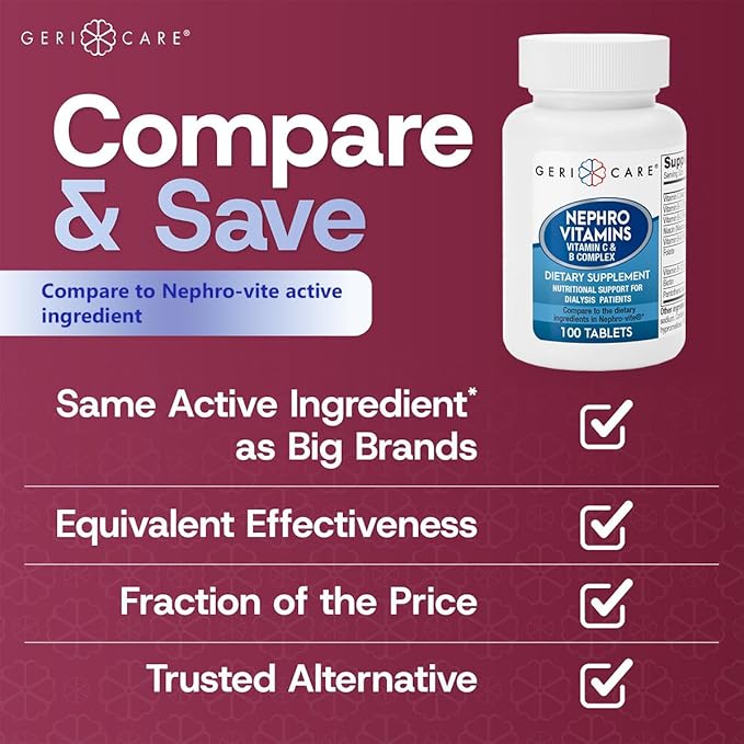 GeriCare Nephro Vitamin C & B Complex Tablets, 100 Count – Daily Kidney Health & Energy Support, Immune System Boost, Antioxidant Protection & Metabolism Support (Pack of 1)