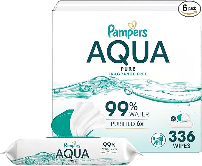 Pampers Aqua Pure Baby Wipes, 99% Water, Fragrance Free, 336 Baby Wipes Total (6X Flip-Top Packs) [Packaging May Vary]