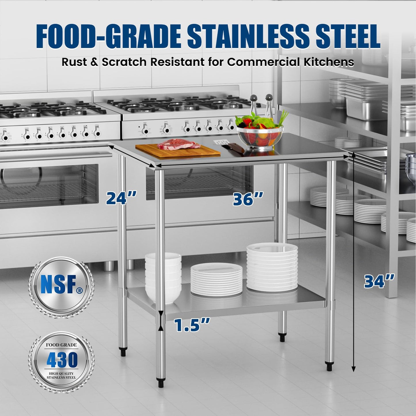 Stainless Steel Work Table 24 x 36 Inch with Adjustable Undershelf, Heavy-Duty Metal Prep Table for Commercial Kitchen & Restaurant, Garage, Outdoor