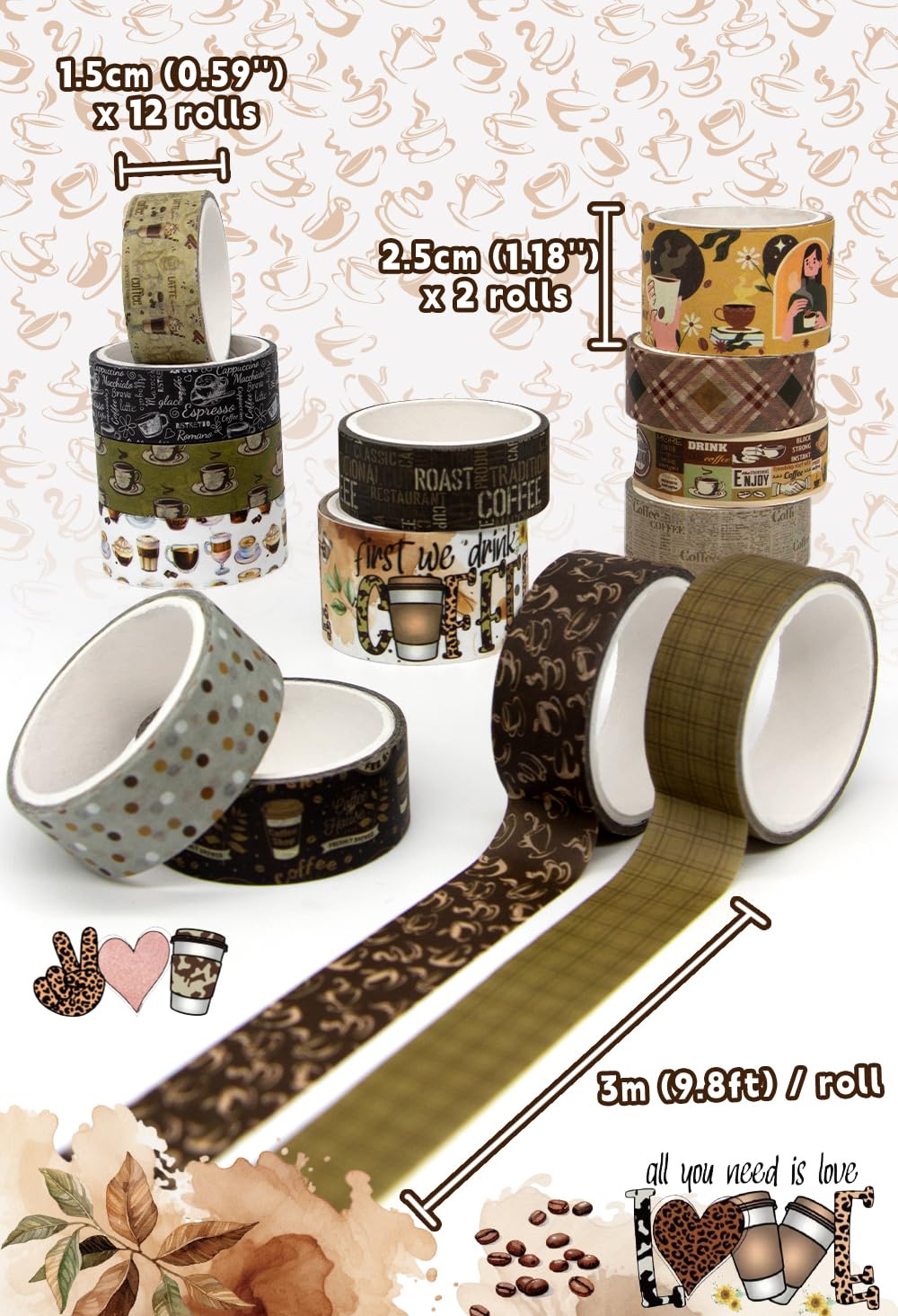 Coffee Themed Washi Tape Set, 14 Rolls Vintage Crafts Tape, Art Decorative Tape for Scrapbooking Supplies, Junk Journal, Bullet Journaling, Vision Board Supplies
