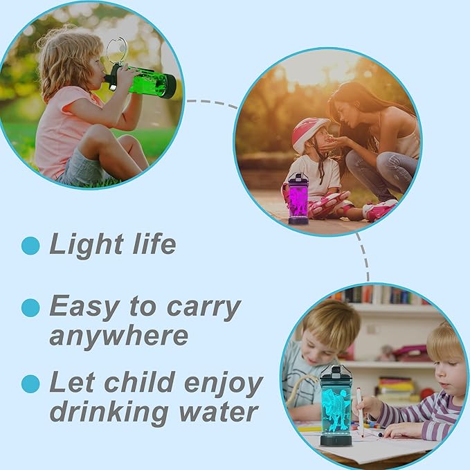 Boy Water Bottles for School, Cool Velociraptor Dinosaur Night Light for Room Decor, Tritan BPA Free Travel Cup for Back to School Girls Child Holiday Camping Picnic - 14 Oz