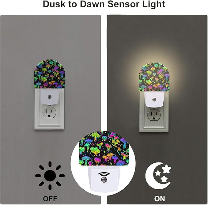Colorful Magic Mushrooms Night Light, Glowing Mushrooms with Stars Dusk to Dawn Night Light Plug in,0.5w Energy Saving Sleep Friendly NightLights for Kids Boys Girls Home Decor