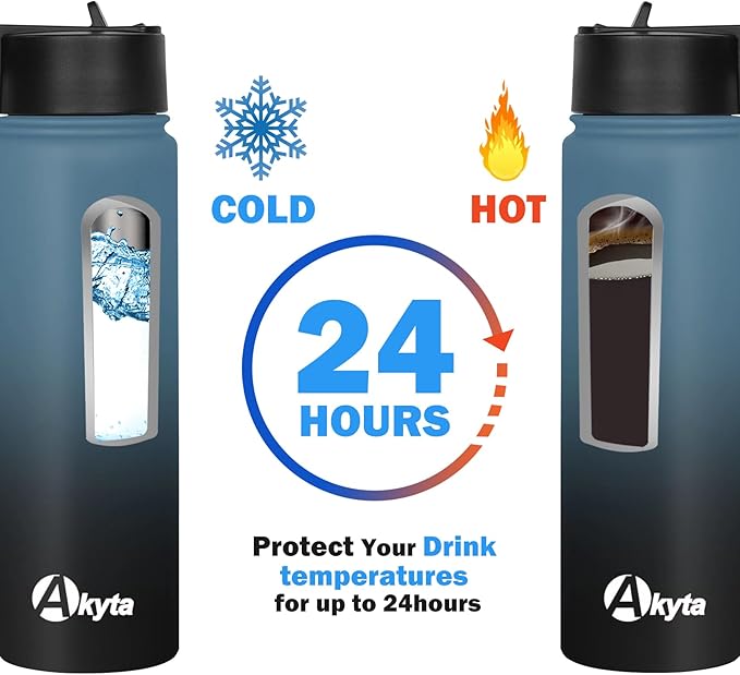 Sports Stainless Steel Water Bottle with Straw, Spout lid-24OZ -Wide Mouth Vacuum Insulated Thermos Water Bottles, Keep Water Cold/Hot, Metal Water Bottle for Biking Hiking (24 oz, Indigo black)