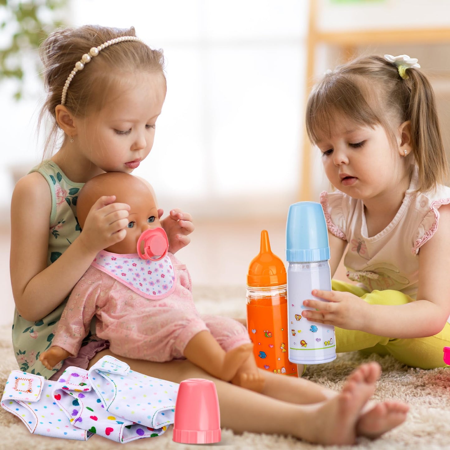 Shappy 10 Pcs Baby Doll Accessories Set Include Disappearing Milk and Juice Bottles, Pacifier, Bibs, Diapers, Baby Doll Feeding Set, Toy Bottles for Dolls for Girls Christmas Birthday Gift