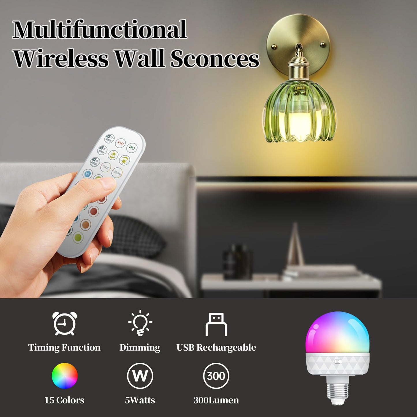 GEEZO Vintage Battery Operated Wall Sconce with Remote Control, Tulip Green, Rechargeable, 1 Pack, Model GEEZO-Y-7