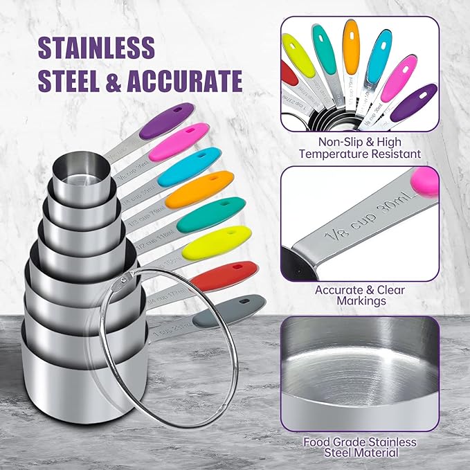 16PCS Magnetic Measuring Spoons and Measuring Cups Set, 7 Double-Sided Spoons& 1 Leveler and 8 Measuring Cups, Multicolor, Stainless Steel, Fits Spice Jars, Large Capacity Measurement