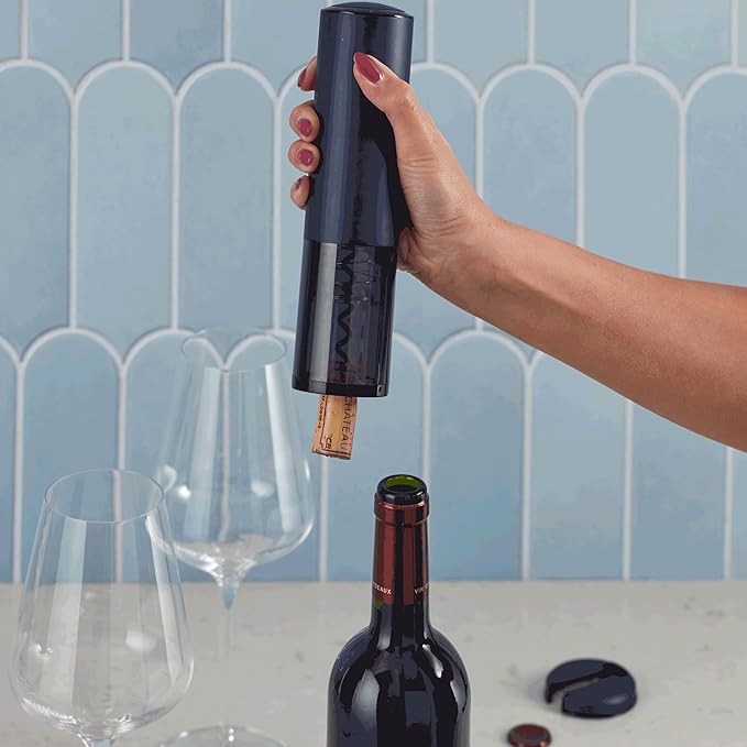 Wine Enthusiast Electric Blue Automatic Wine Opener with Foil Cutter – Battery-Operated Corkscrew with USB Charger & Indicator Light