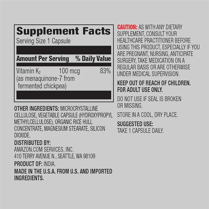 Amazon Elements Vitamin K2 (100 mcg, 65 Capsules) and Vitamin D3 (5000 IU, 180 Softgels)