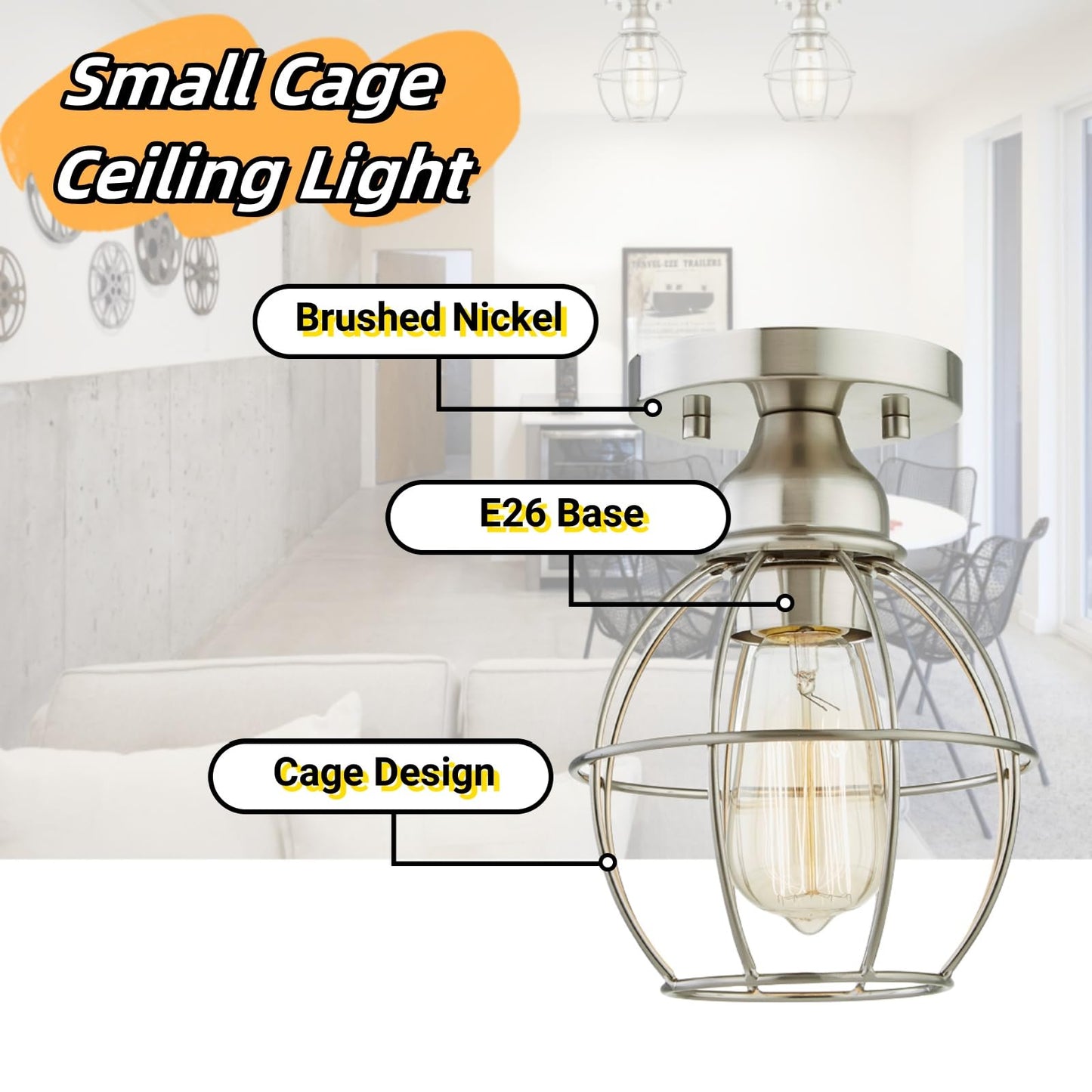 Wisbeam Semi Flush Mount Ceiling Light, Metal, E26 Base, 60W Max, Nickel Finish, Etl Rated, Model Ws-Cl018, Bulbs Not Included, 1