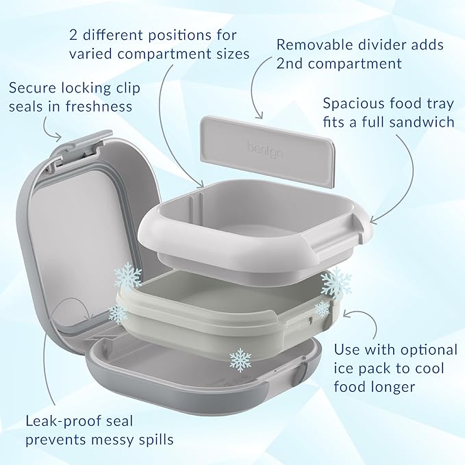 Bentgo Chill Mini Leak-Proof Lunch Box – Built-In Ice Pack Keeps Food Cold, 2.7-Cup Capacity for Snacks or a Sandwich, 3 or 4 Compartments, PFAS & BPA-Free, Ideal for Adults & Kids 3+ (Crisp Grays)