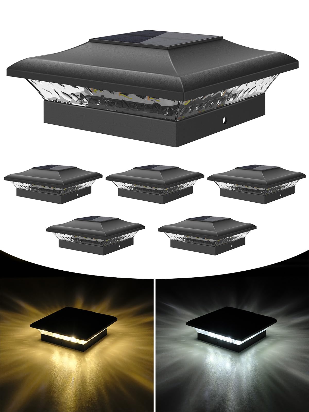 T-Sun Solar Post Cap Lights 6 Pack For 4X4 Vinyl/Wooden Posts  Waterproof Outdoor Warm & Cool White(3000K/6000K) Solar Powered Deck/Garden/Patio Lighting