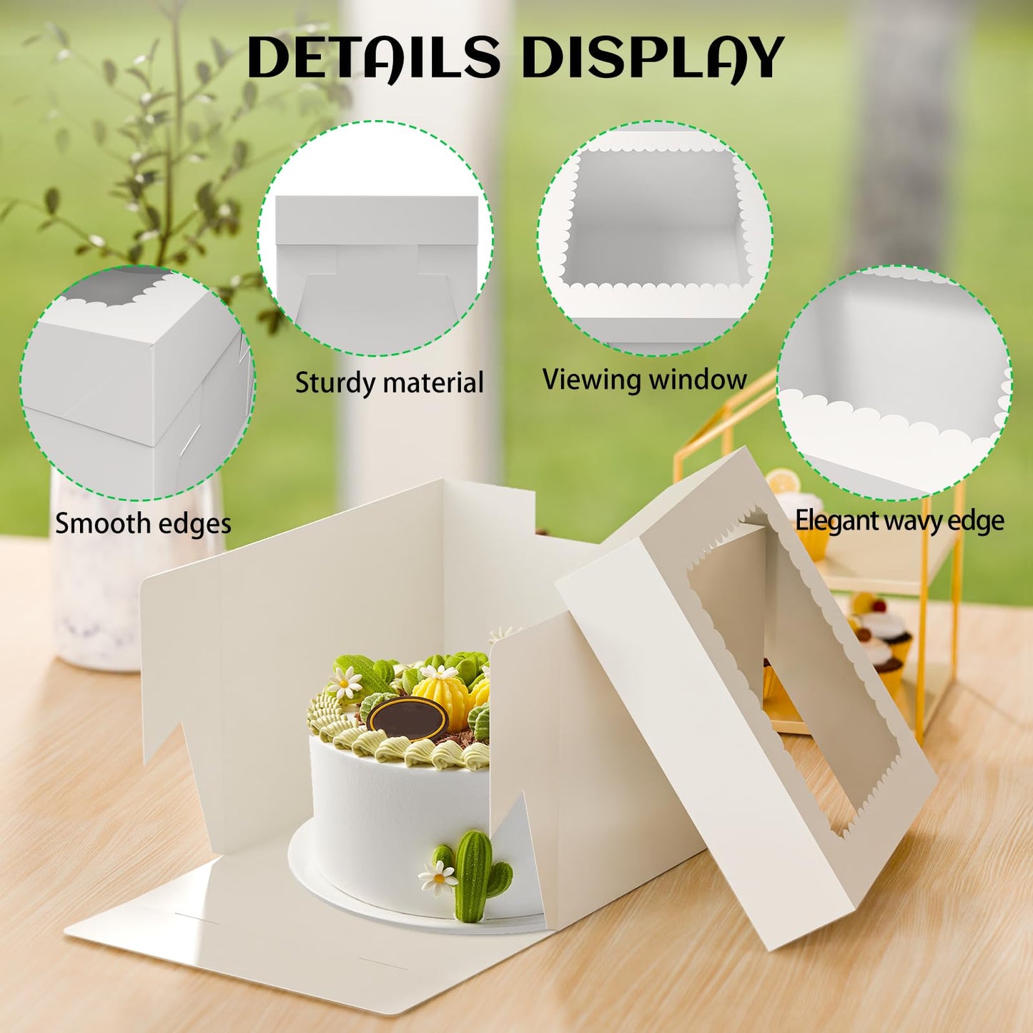 TLAZZ 15 Pcs 10x10x8 Inch Tall Cake Boxes with Window, White Square Cheesecake Bakery Boxes, Large Cardboard Cake Baking Boxes with 90 Stickers for Cakes, Pies, Wedding, Birthday Party